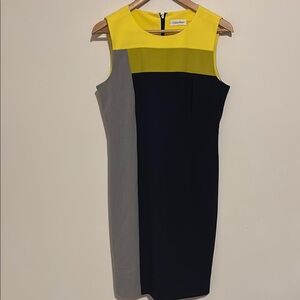 Calvin Klein Yellow and Blue Sheath Dress Sleeveless Crew Neck